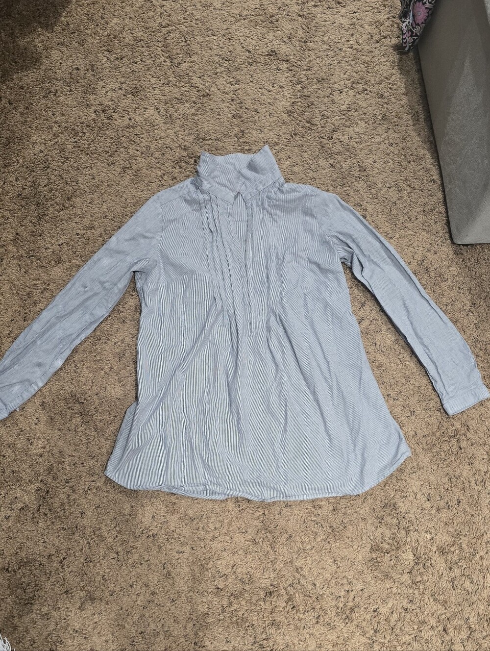NY Collection Blue Striped Pintuck Button-Down Blouse